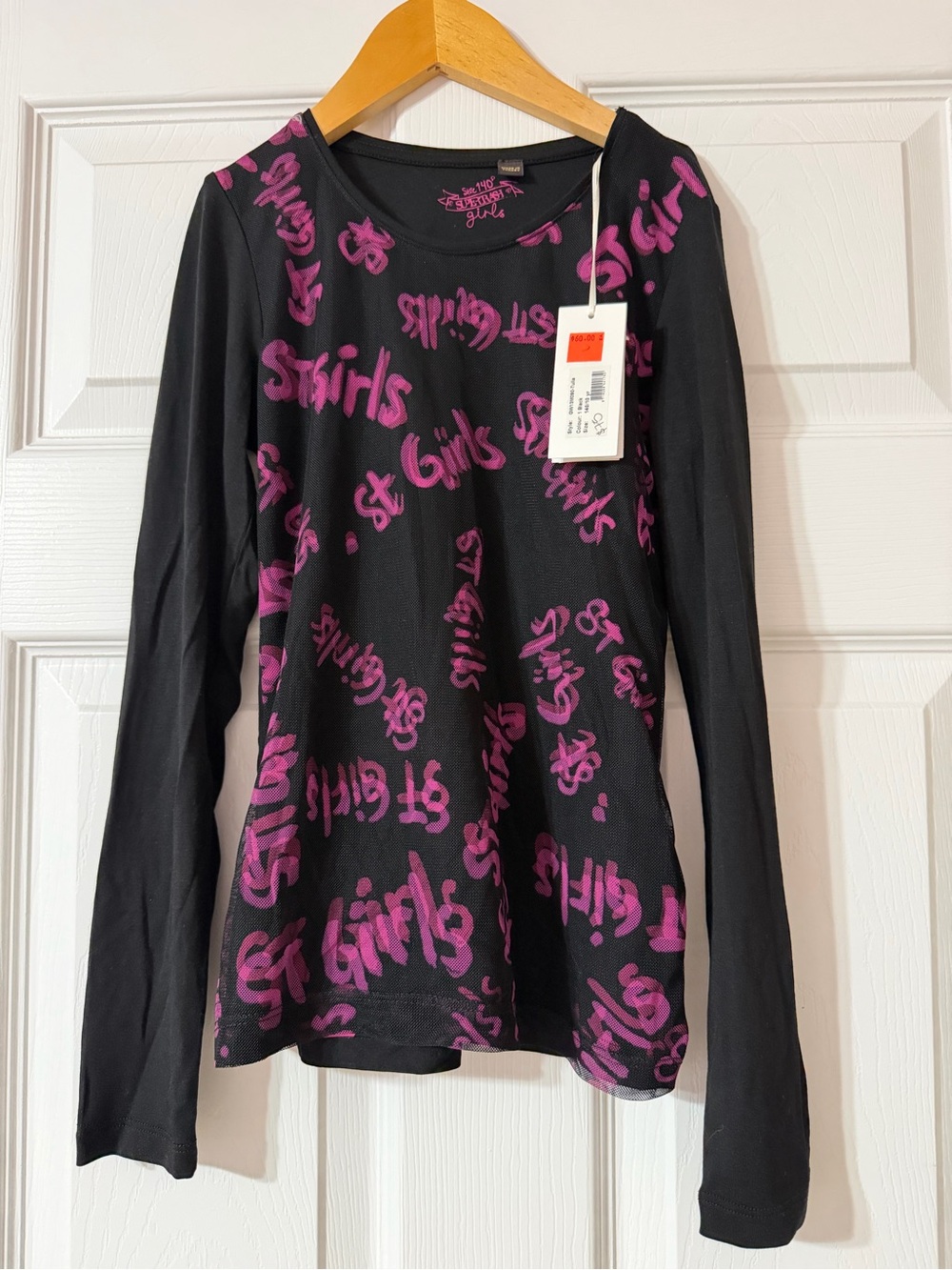 Supertrash Black Long-Sleeve Tee with Purple Script Print